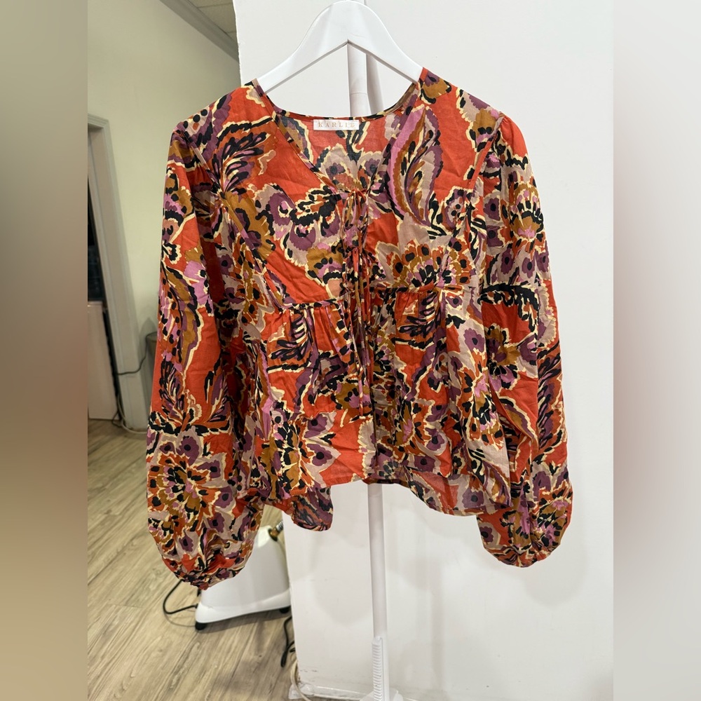 Karlie Orange Graphic Blouse with Balloon Sleeves